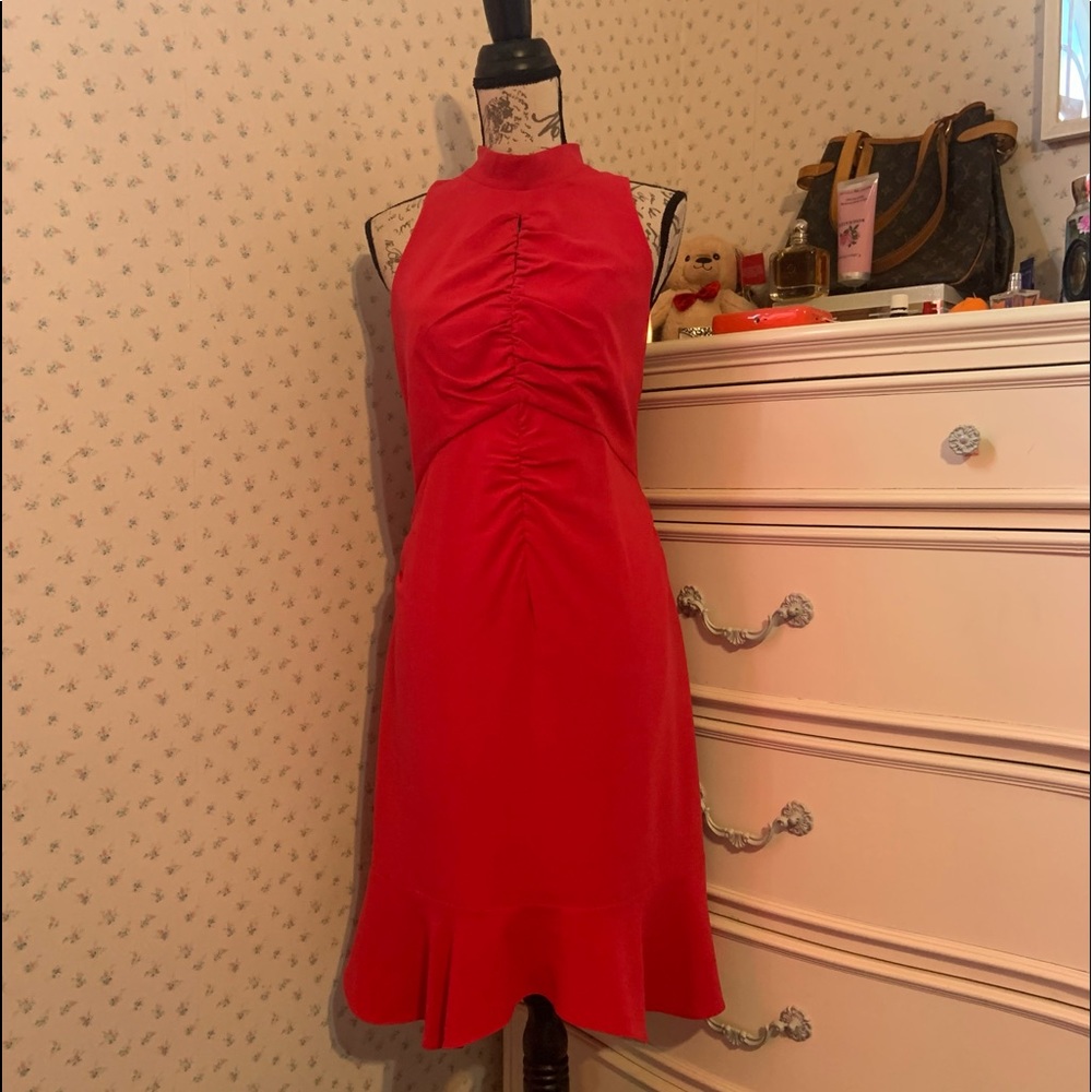 Halston Heritage Ruched Ruffle Fuchsia Dress - Picture 8 of 15